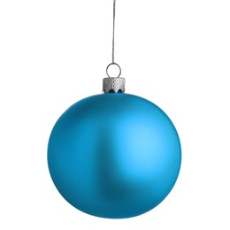 Image of Light blue Christmas ball hanging on white background