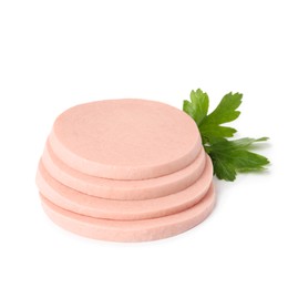 Photo of Slices of delicious boiled sausage with parsley on white background