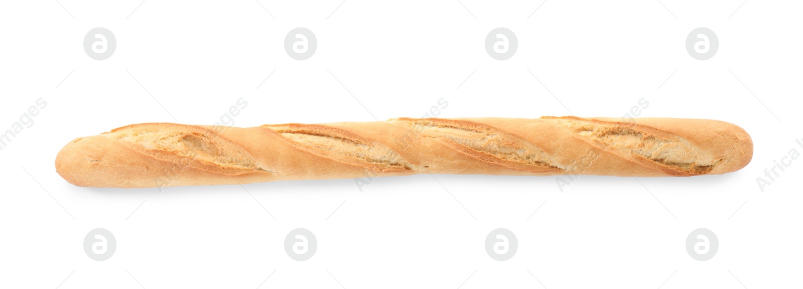 Photo of Tasty baguette isolated on white, top view. Fresh bread