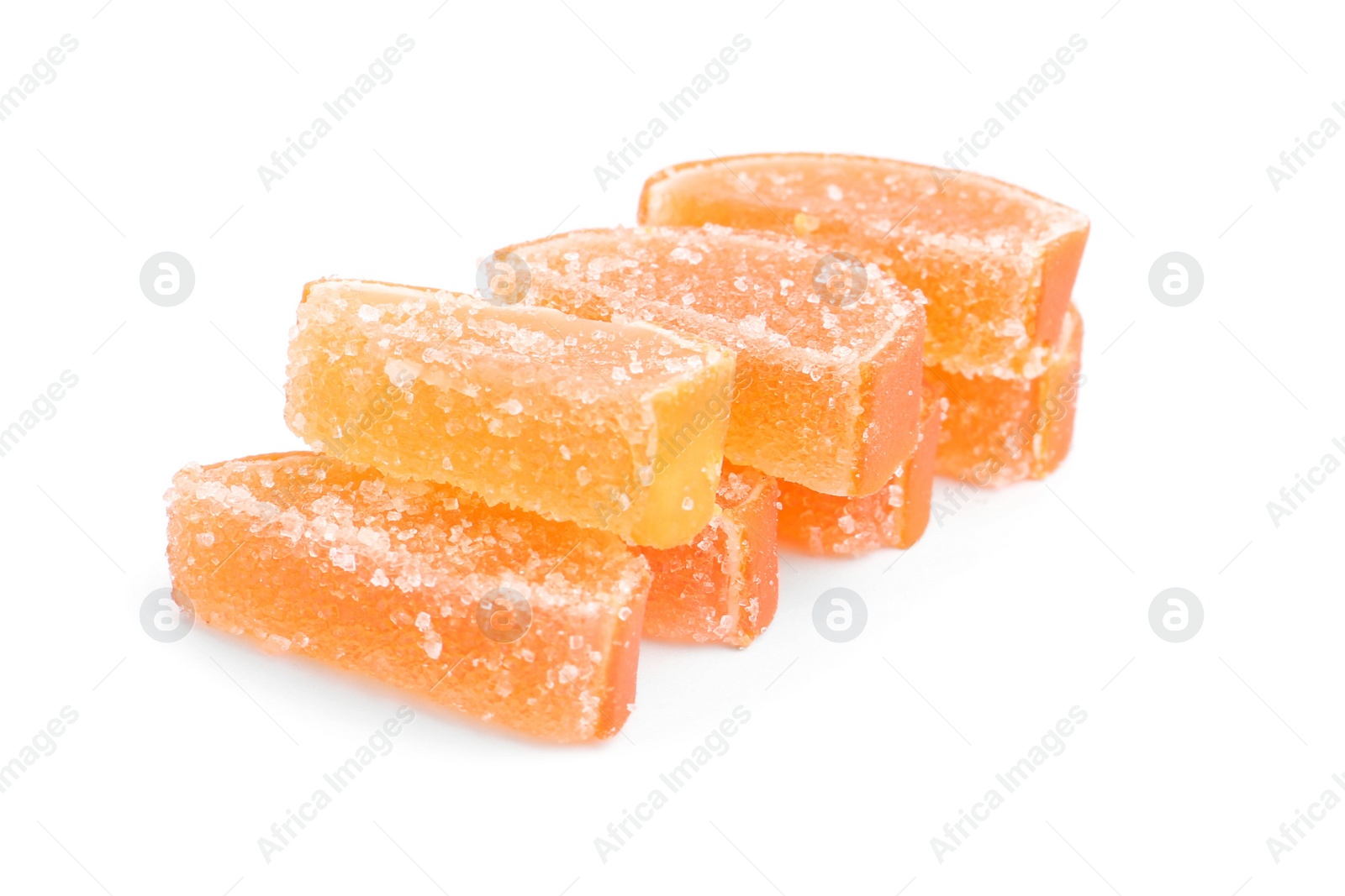 Photo of Tasty orange jelly candies isolated on white