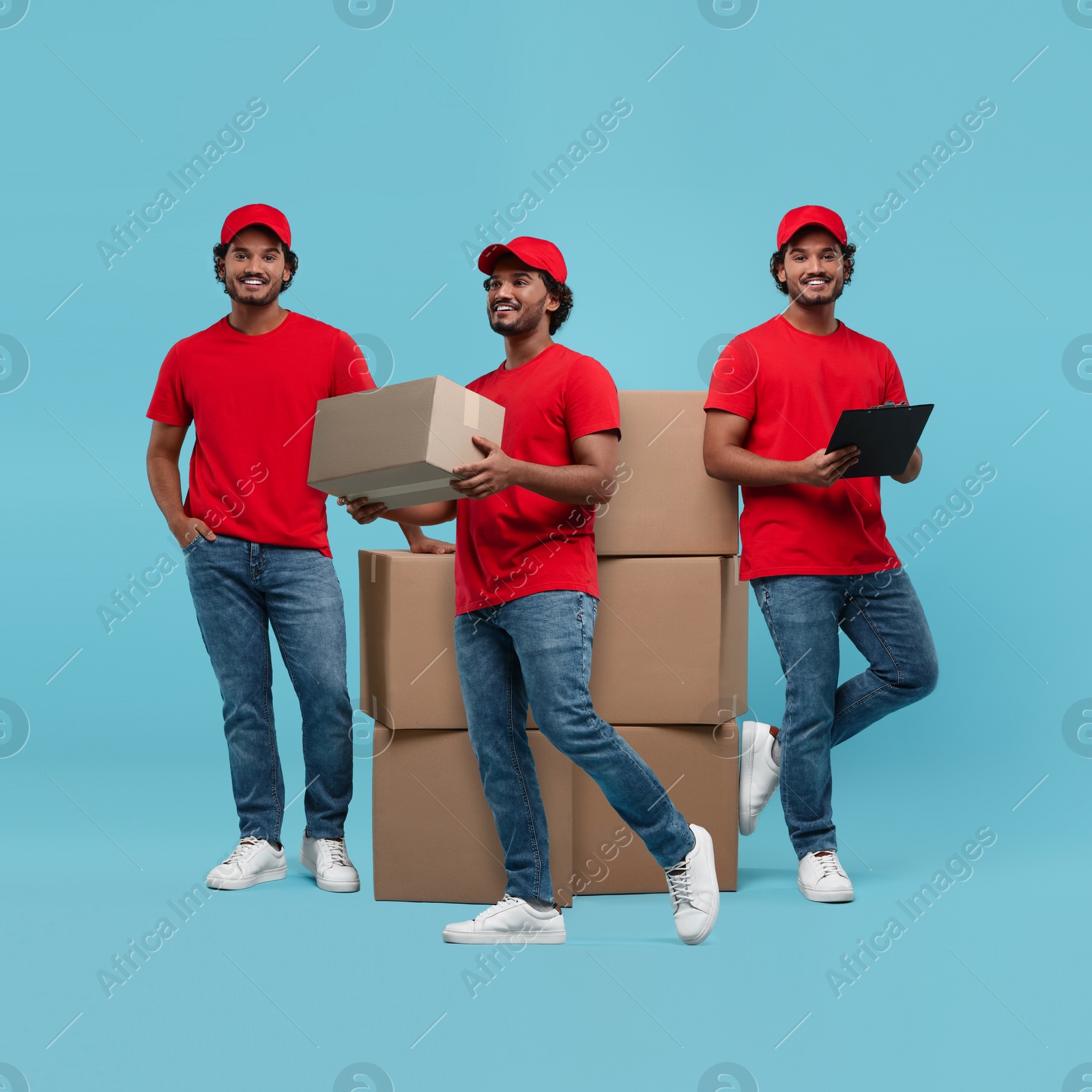 Image of Delivery service. Happy courier with cardboard boxes on light blue background, collage of photos