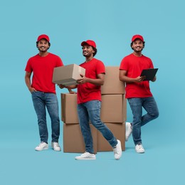 Delivery service. Happy courier with cardboard boxes on light blue background, collage of photos
