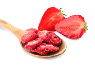 Photo of Sweet sublimated and fresh strawberries on white background