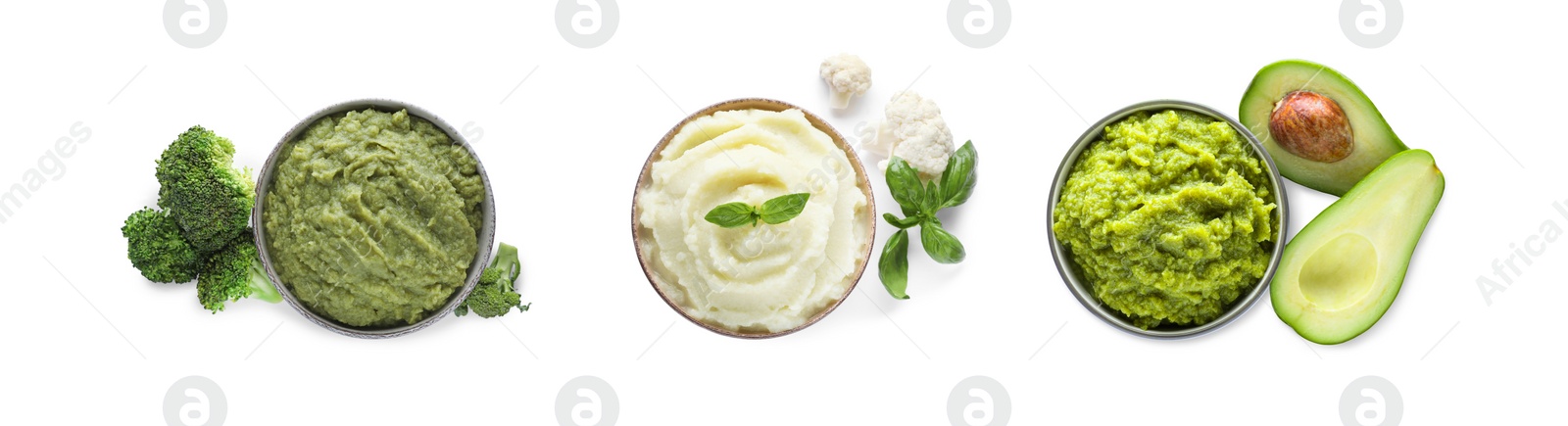 Image of Set with different tasty vegetable puree on white background, top view. Banner design