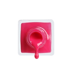 Photo of Pouring color nail polish from bottle on white background