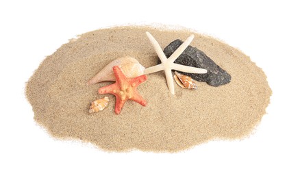Photo of Beautiful sea stars, stone and seashells in sand isolated on white