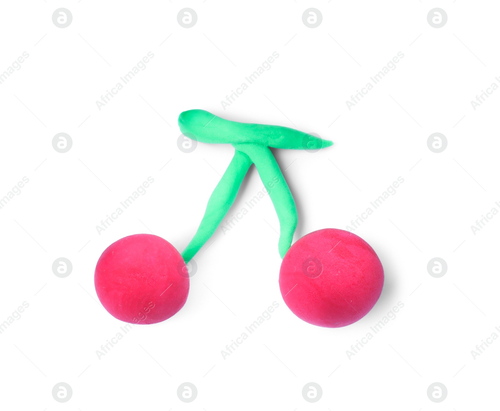 Photo of Red cherries made from play dough on white background, top view