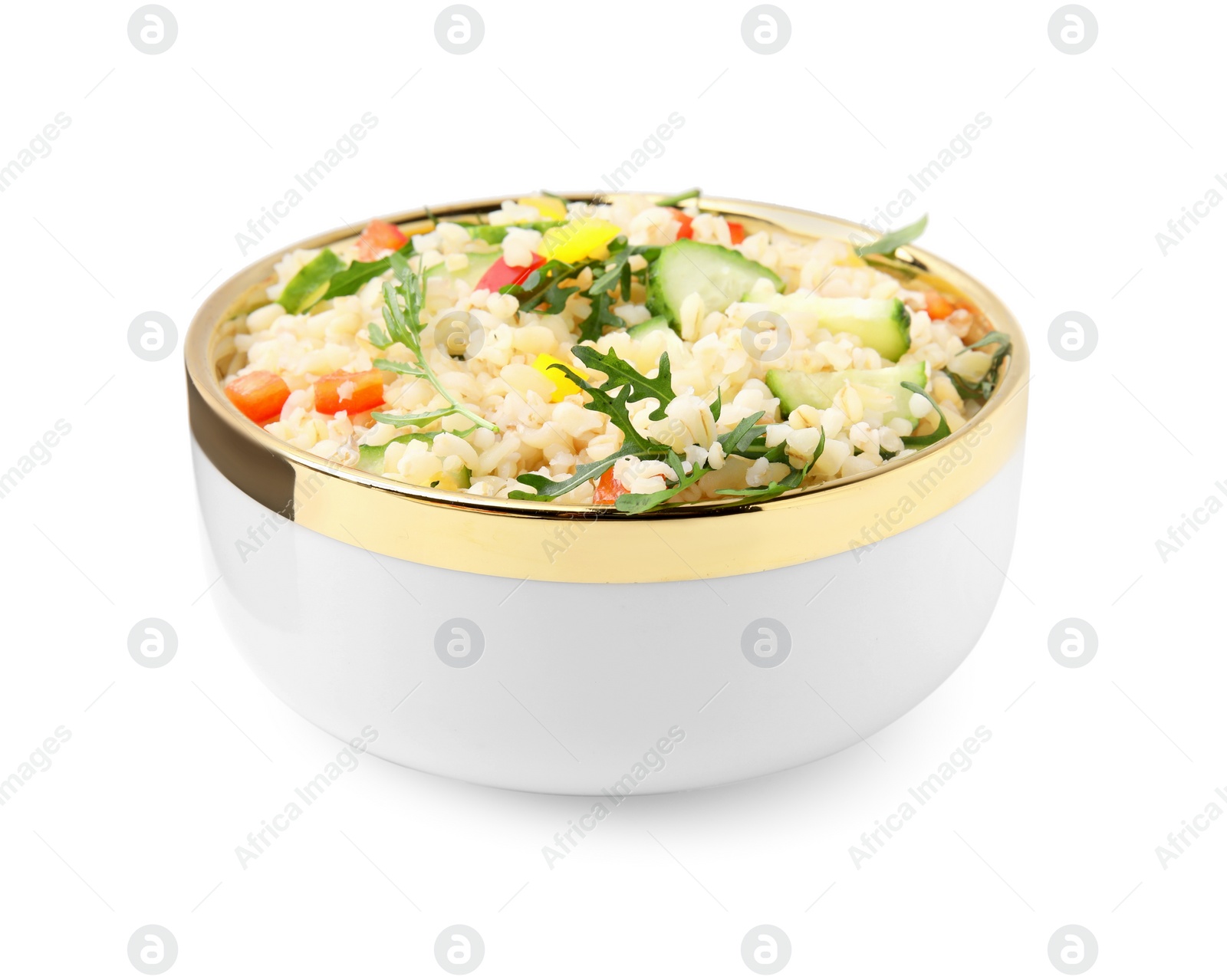 Photo of Cooked bulgur with vegetables in bowl isolated on white