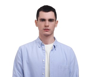 Photo of Portrait of sad man on white background