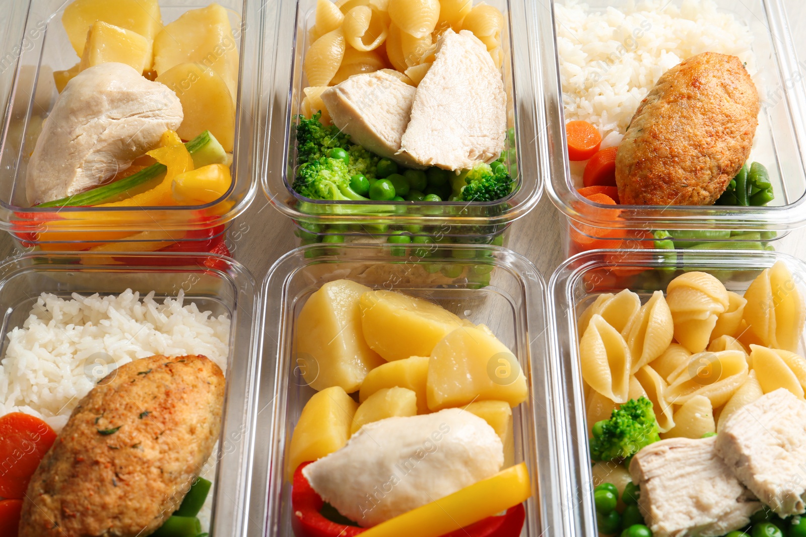 Photo of Boxes with prepared meals as background, above view