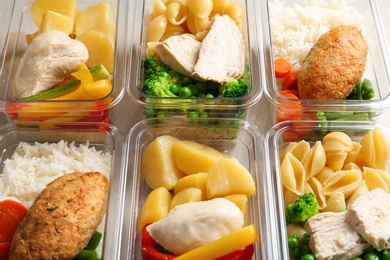 Photo of Boxes with prepared meals as background, above view