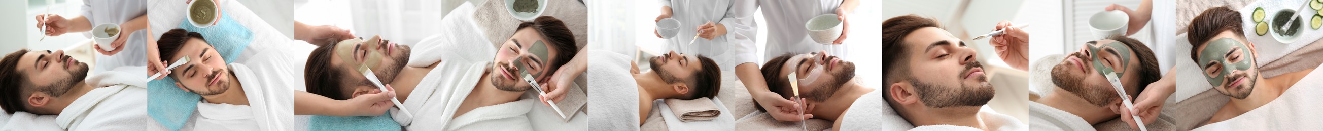 Image of Collage with photos of man with clay mask on his face. Banner design