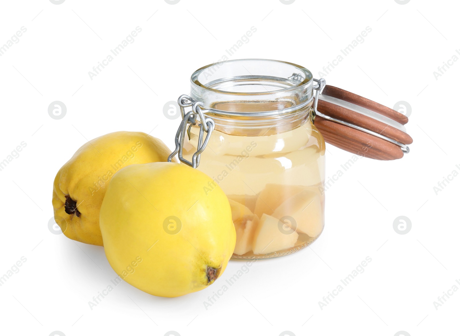 Photo of Delicious quince drink in glass jar and fresh fruits isolated on white