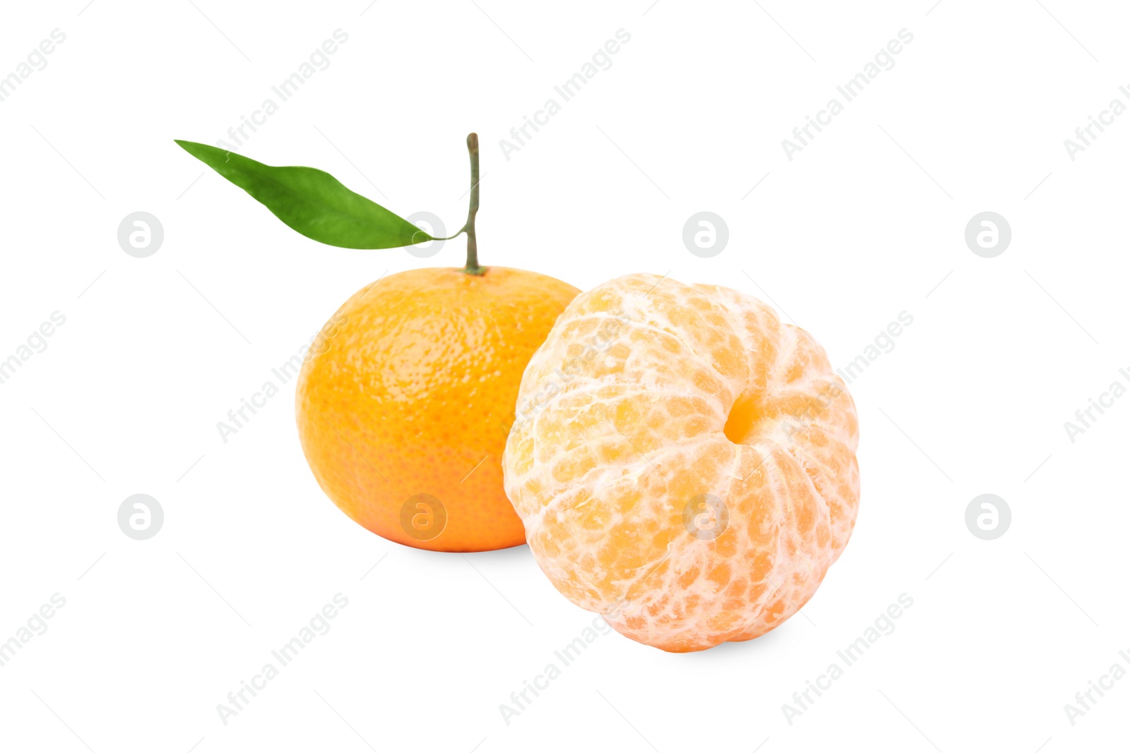 Photo of Fresh ripe juicy tangerines with green leaf on white background