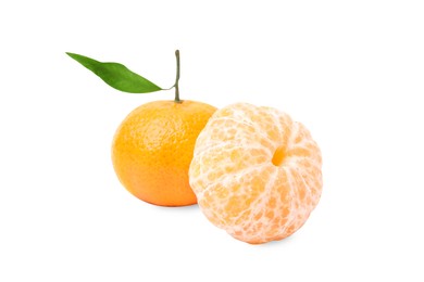 Fresh ripe juicy tangerines with green leaf on white background