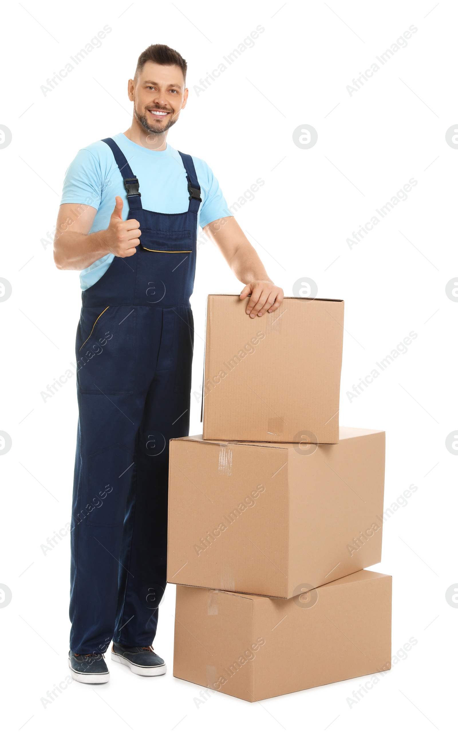 Photo of Portrait of moving service employee with cardboard boxes on white background