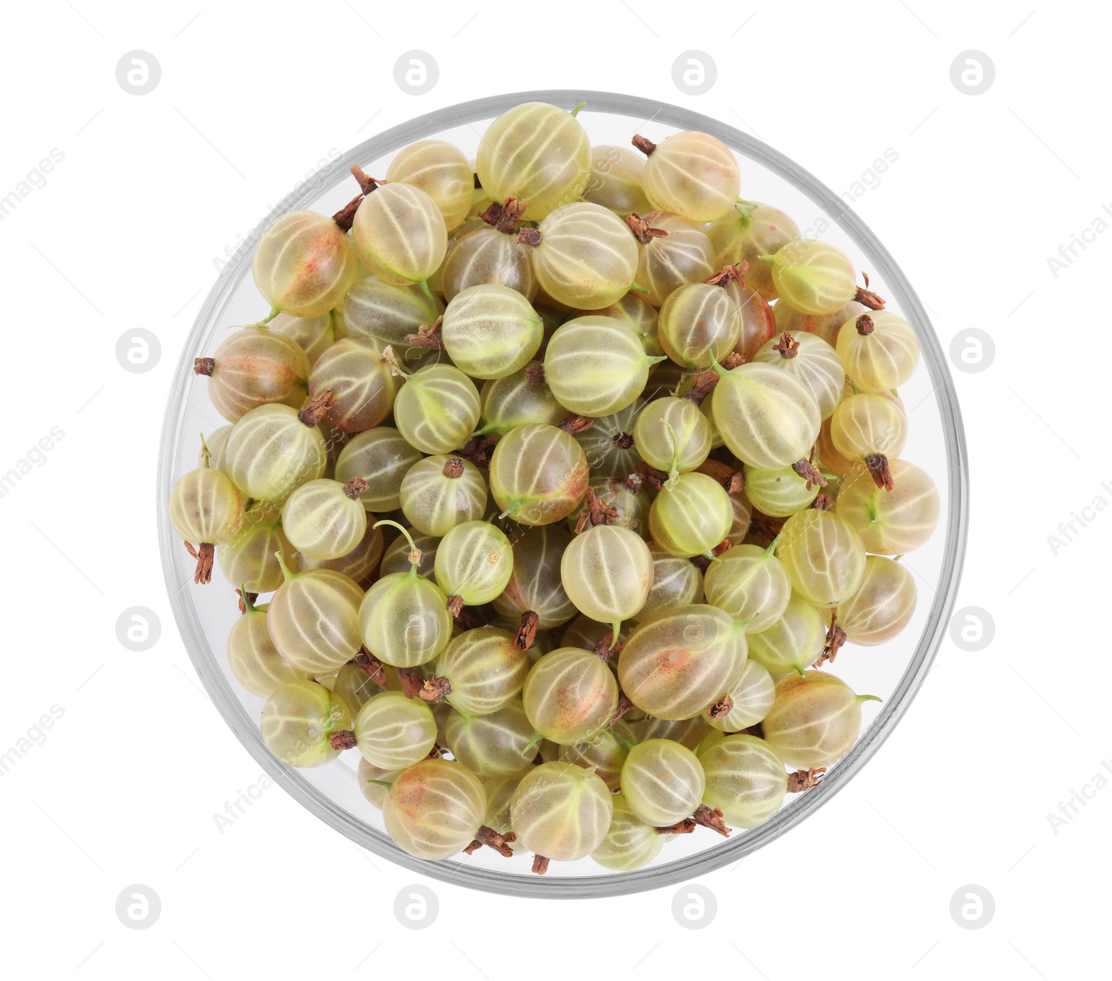 Photo of Glass bowl full of ripe gooseberries isolated on white, top view
