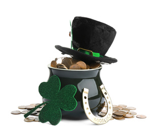 Photo of Composition with pot of gold coins on white background. St. Patrick's Day celebration