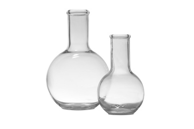 Empty Florence flasks on white background. Laboratory glassware