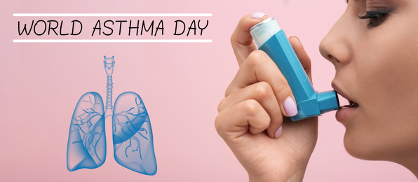 Image of World asthma day. Young woman using inhaler on pink background, banner design