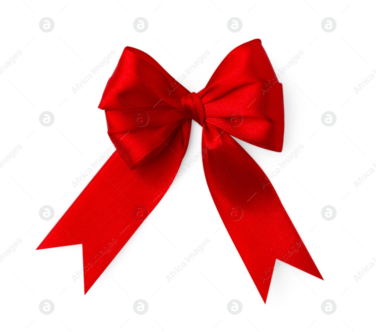 Photo of Red satin ribbon bow isolated on white, top view
