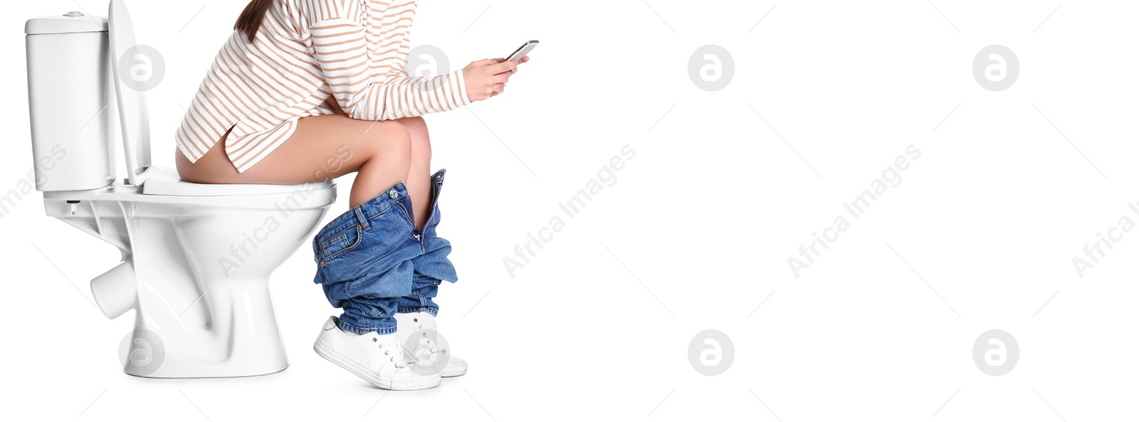 Image of Closeup view of woman with smartphone sitting on toilet bowl, white background. Banner design