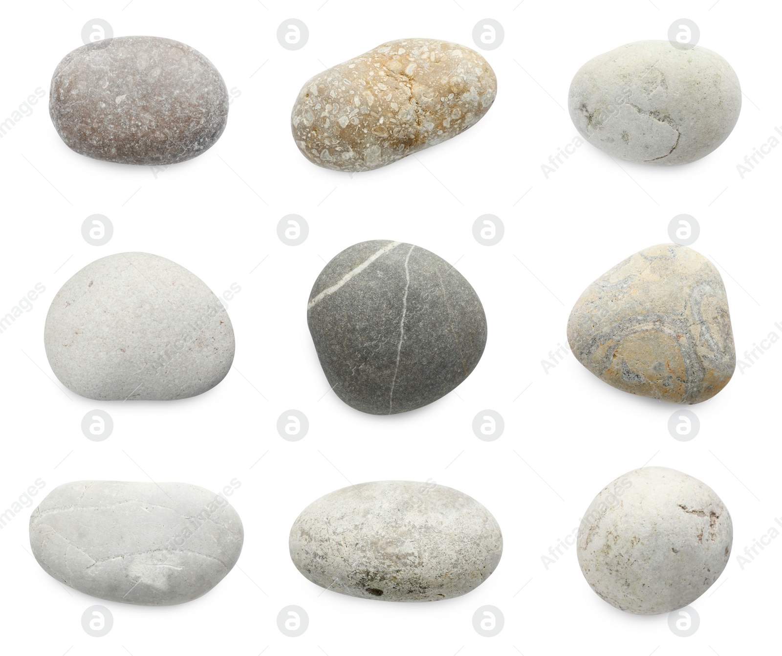 Image of Sea pebbles. Different stones isolated on white, set