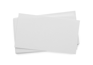 Photo of Blank business cards isolated on white, top view. Mockup for design