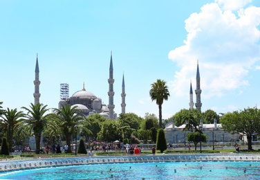 ISTANBUL, TURKEY - AUGUST 06, 2018: Beautiful fountain near Sultan Ahmed mosque