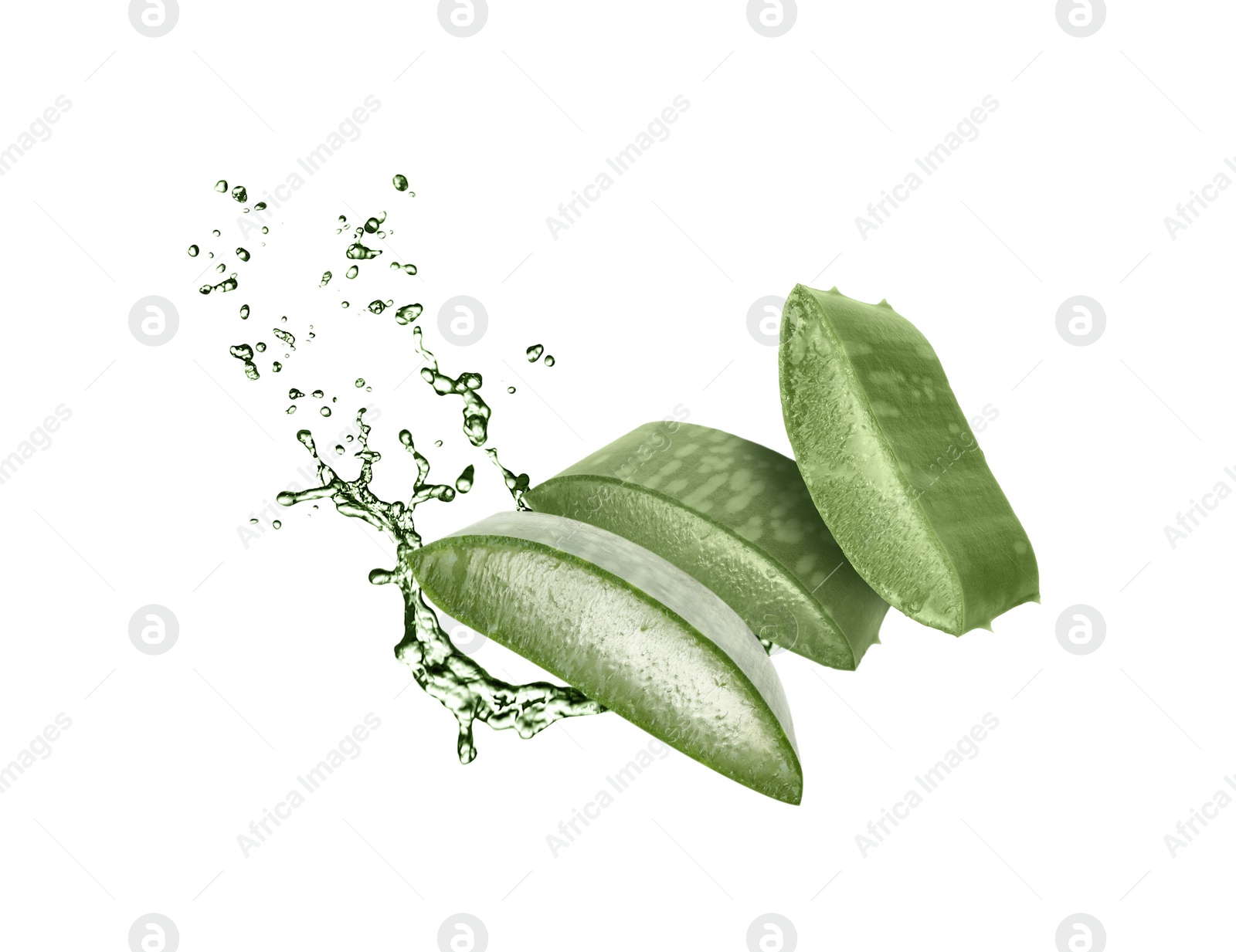 Image of Sliced aloe vera leaf and splashes of juice on white background