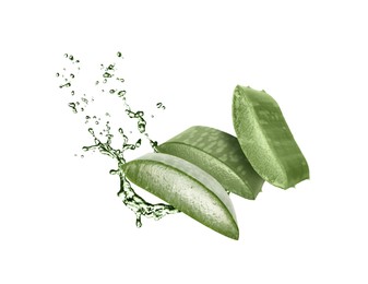 Image of Sliced aloe vera leaf and splashes of juice on white background