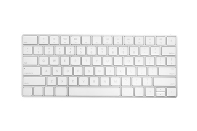 Photo of Modern wireless keyboard isolated on white, top view