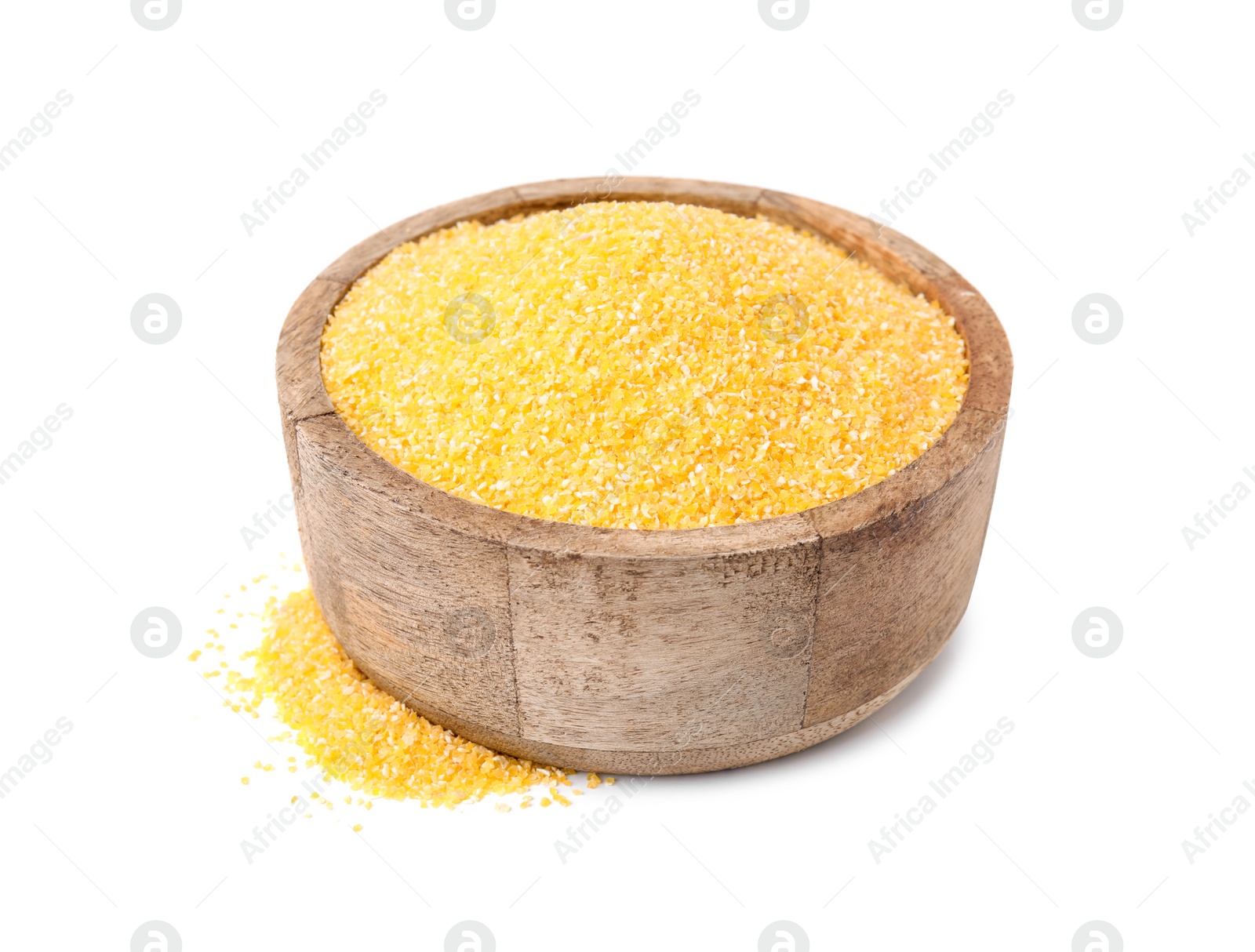 Photo of Raw cornmeal in bowl isolated on white