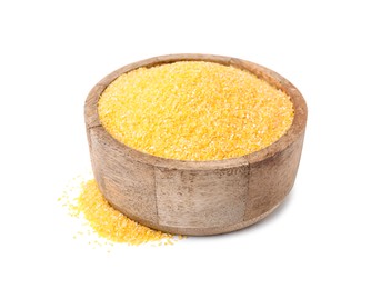 Photo of Raw cornmeal in bowl isolated on white