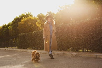 Woman in protective mask with English Cocker Spaniel outdoors. Walking dog during COVID-19 pandemic