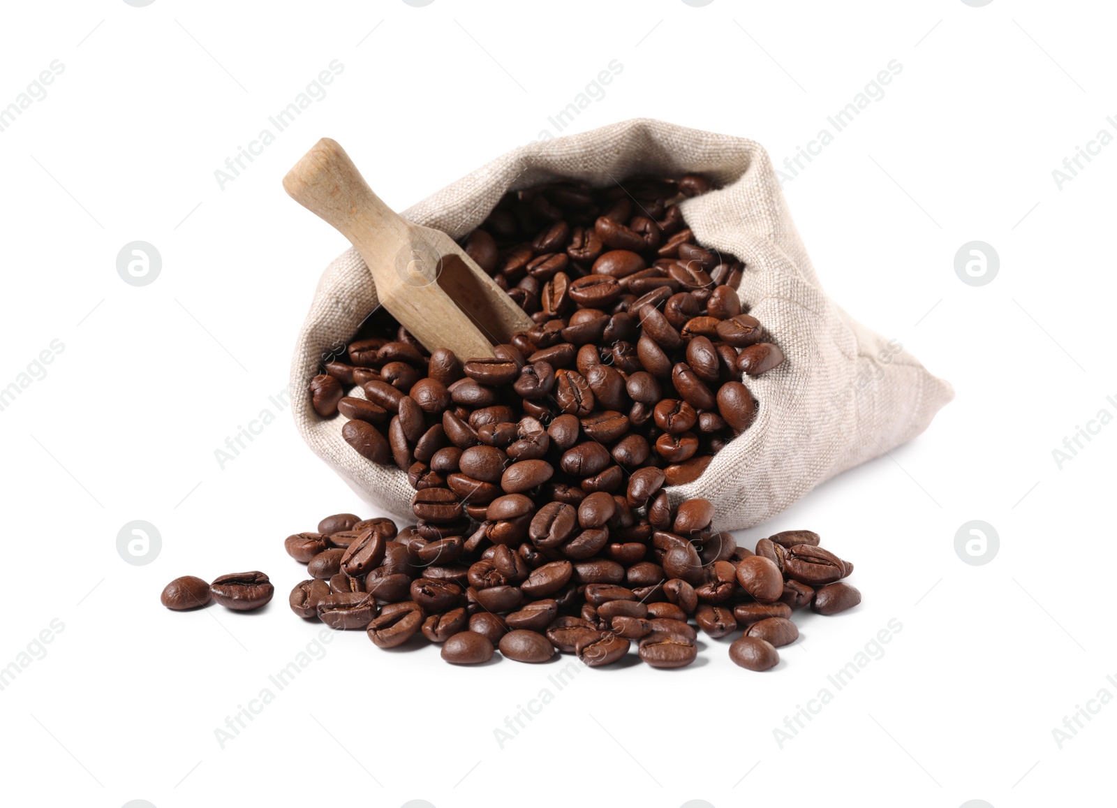 Photo of Bag and wooden scoop with roasted coffee beans isolated on white