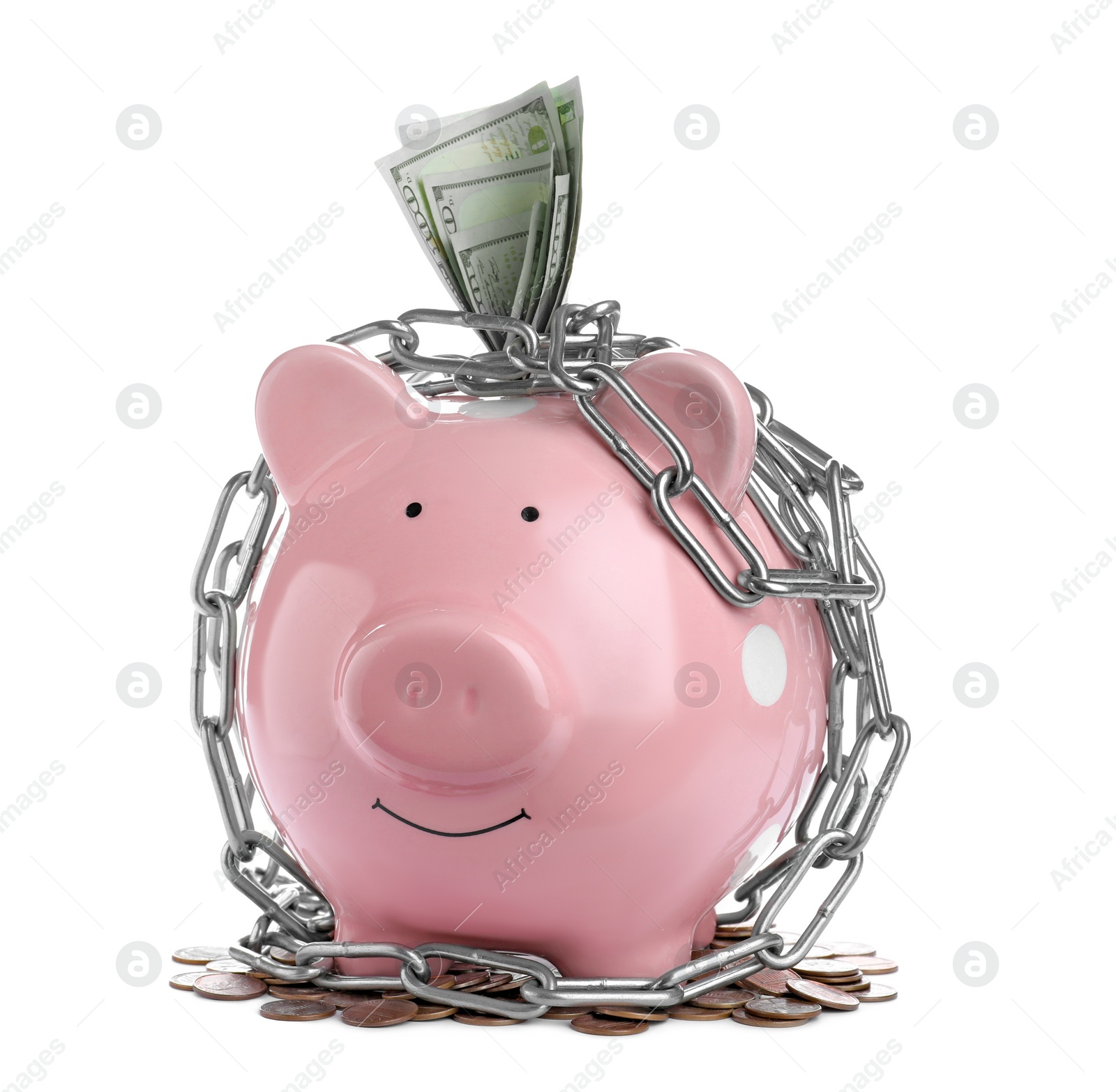 Photo of Piggy bank with steel chain and banknotes isolated on white. Money safety concept