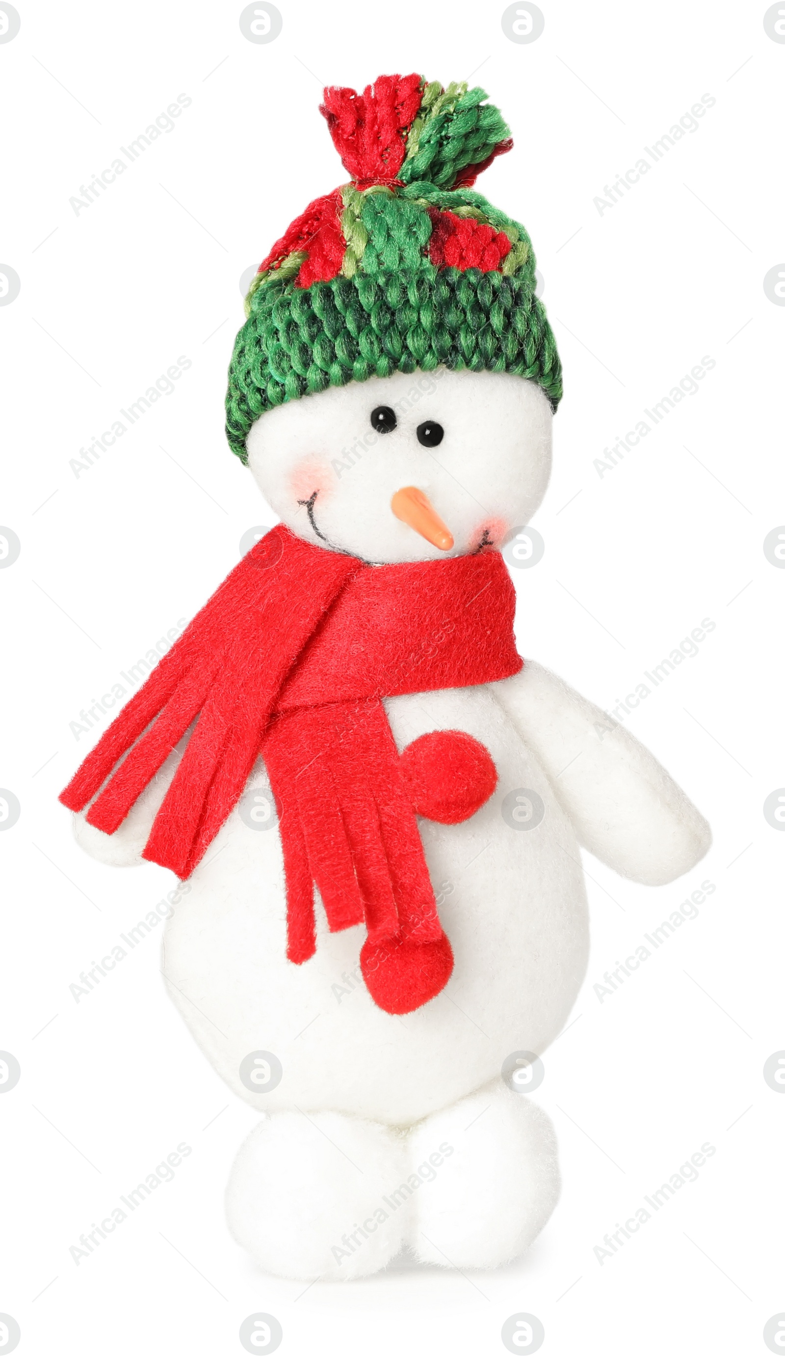 Photo of Cute small snowman toy isolated on white. Christmas decoration