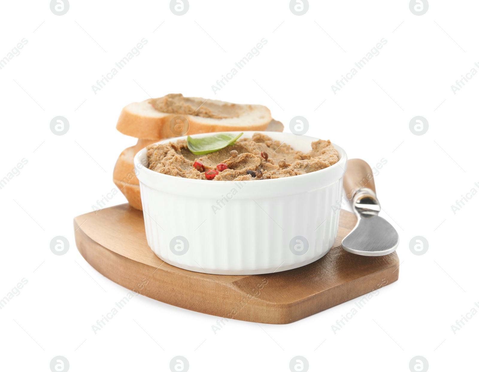 Photo of Delicious meat pate with spices, fresh bread and knife on white background