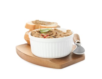 Delicious meat pate with spices, fresh bread and knife on white background