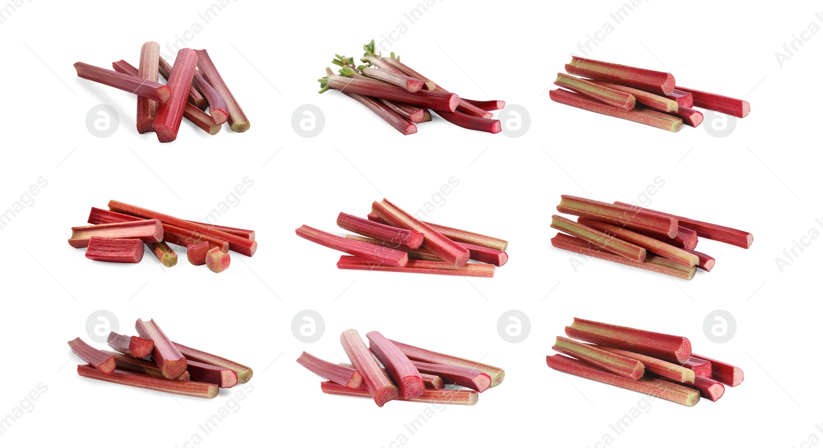 Image of Set with fresh rhubarb stalks isolated on white