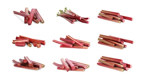 Image of Set with fresh rhubarb stalks isolated on white