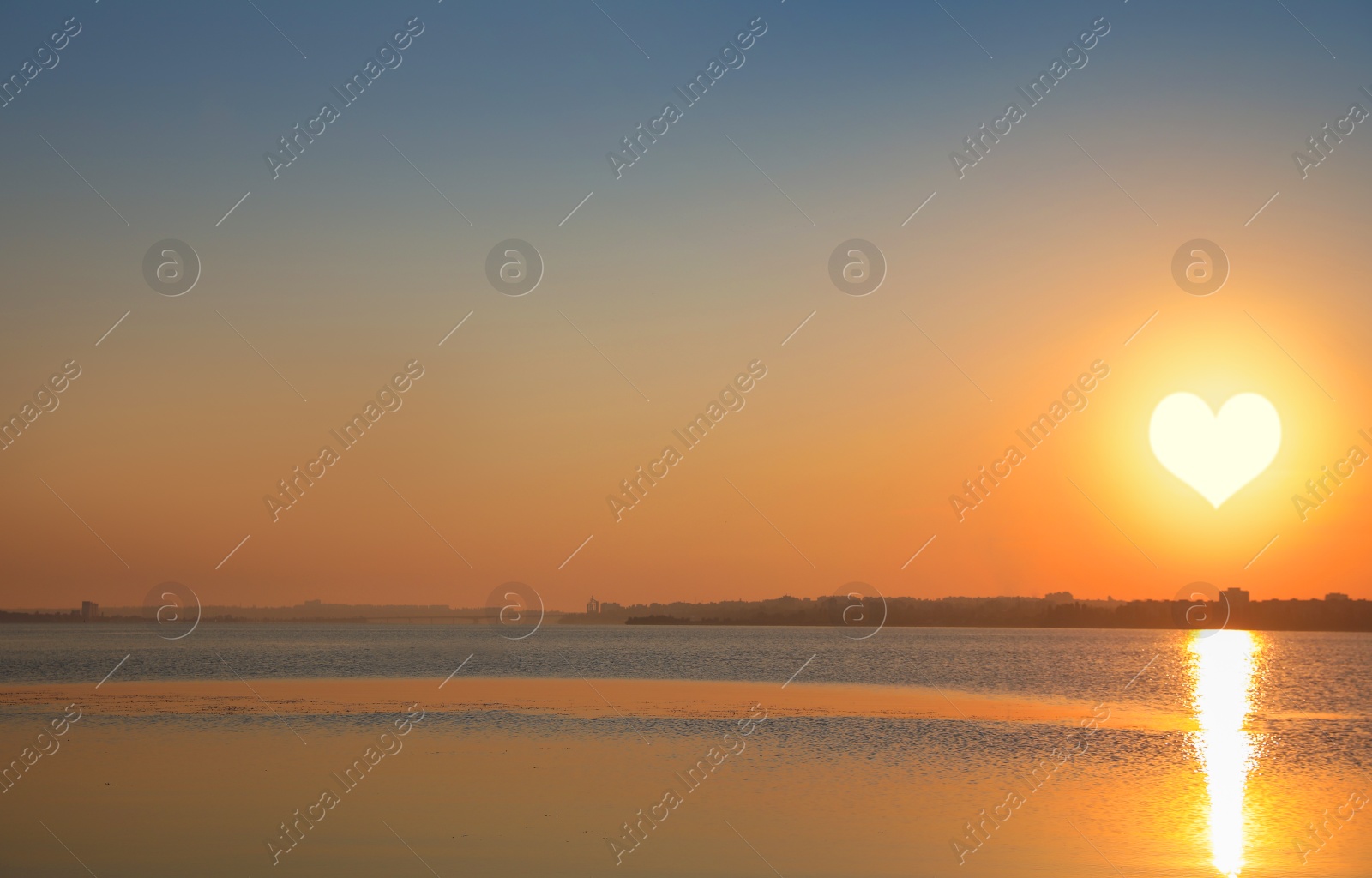 Image of Picturesque view of beautiful sunset on riverside