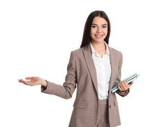 Photo of Real estate agent with notebook on white background