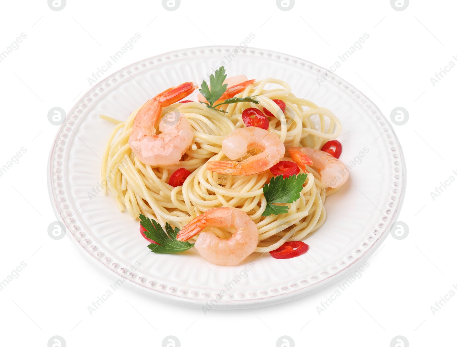 Photo of Tasty spaghetti with shrimps, chili pepper and parsley isolated on white