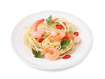 Photo of Tasty spaghetti with shrimps, chili pepper and parsley isolated on white