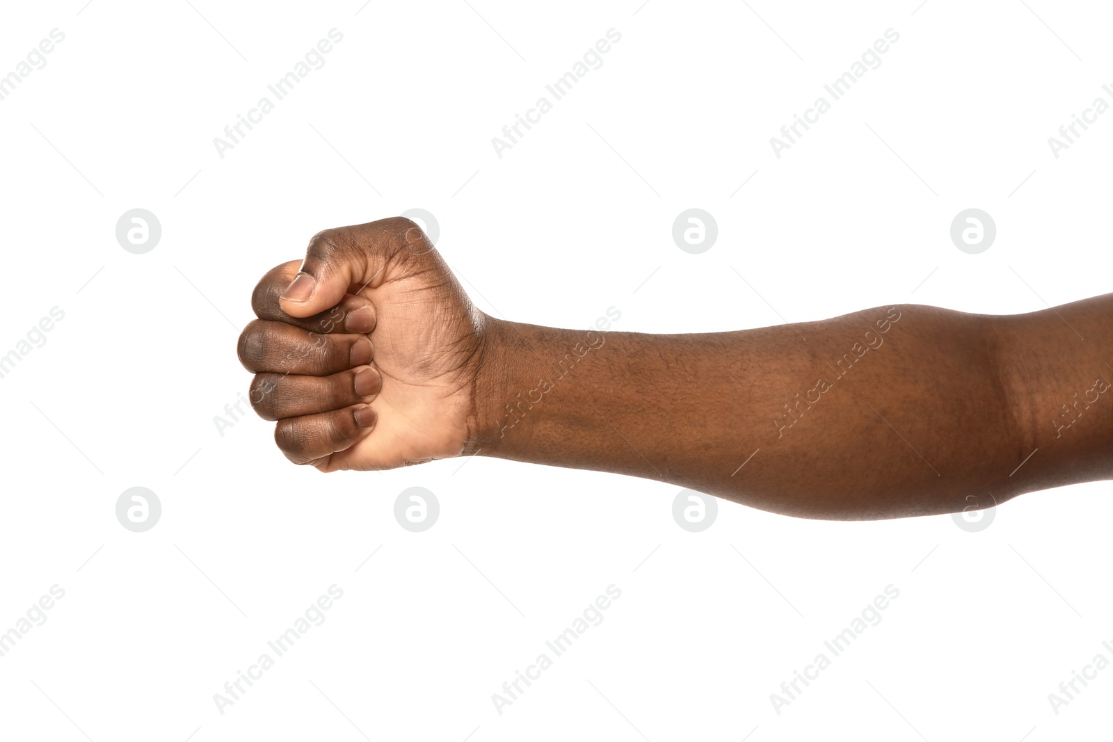 Photo of African-American man showing fist on white background, closeup