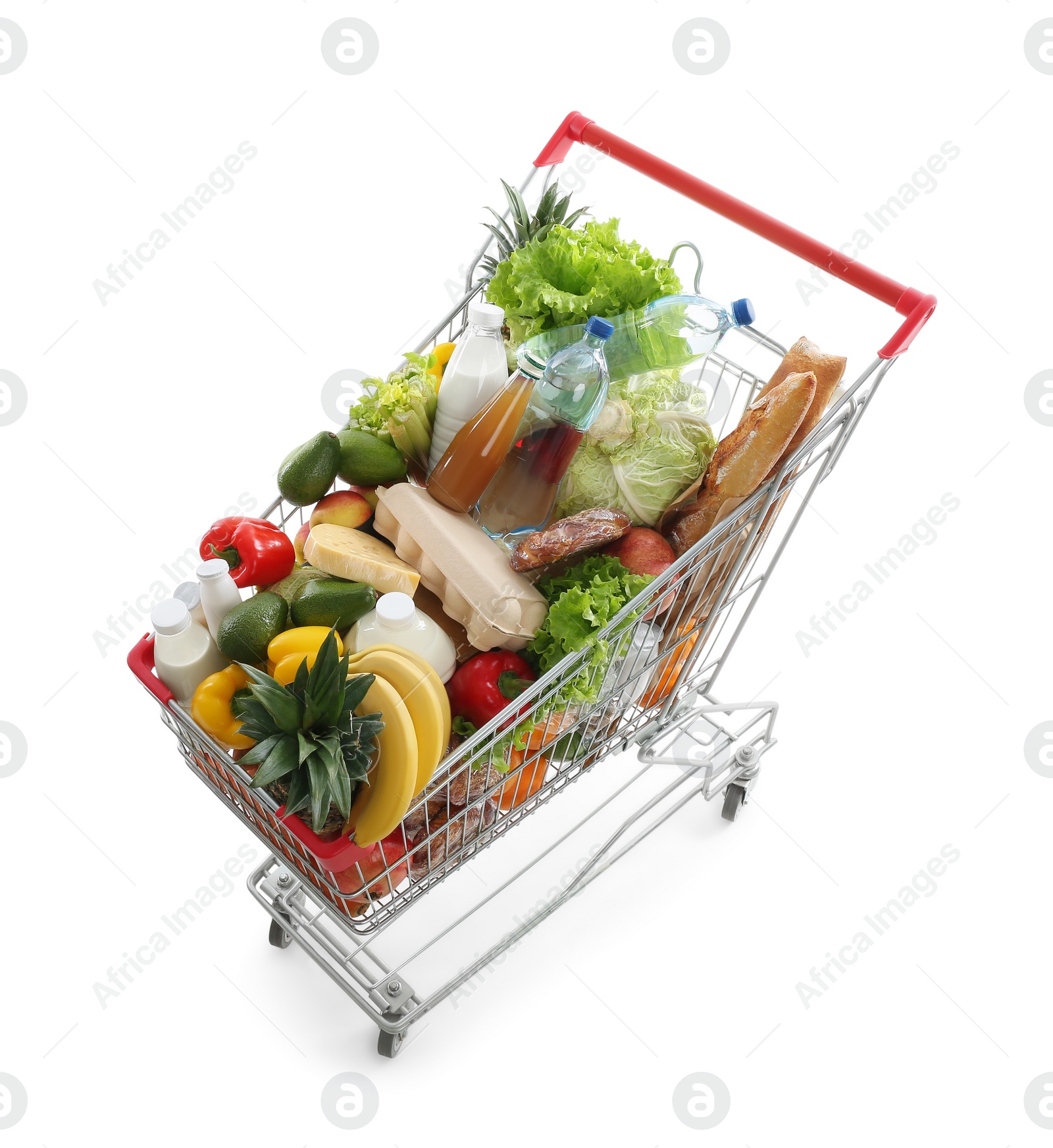 Photo of Shopping cart with groceries on white background, above view
