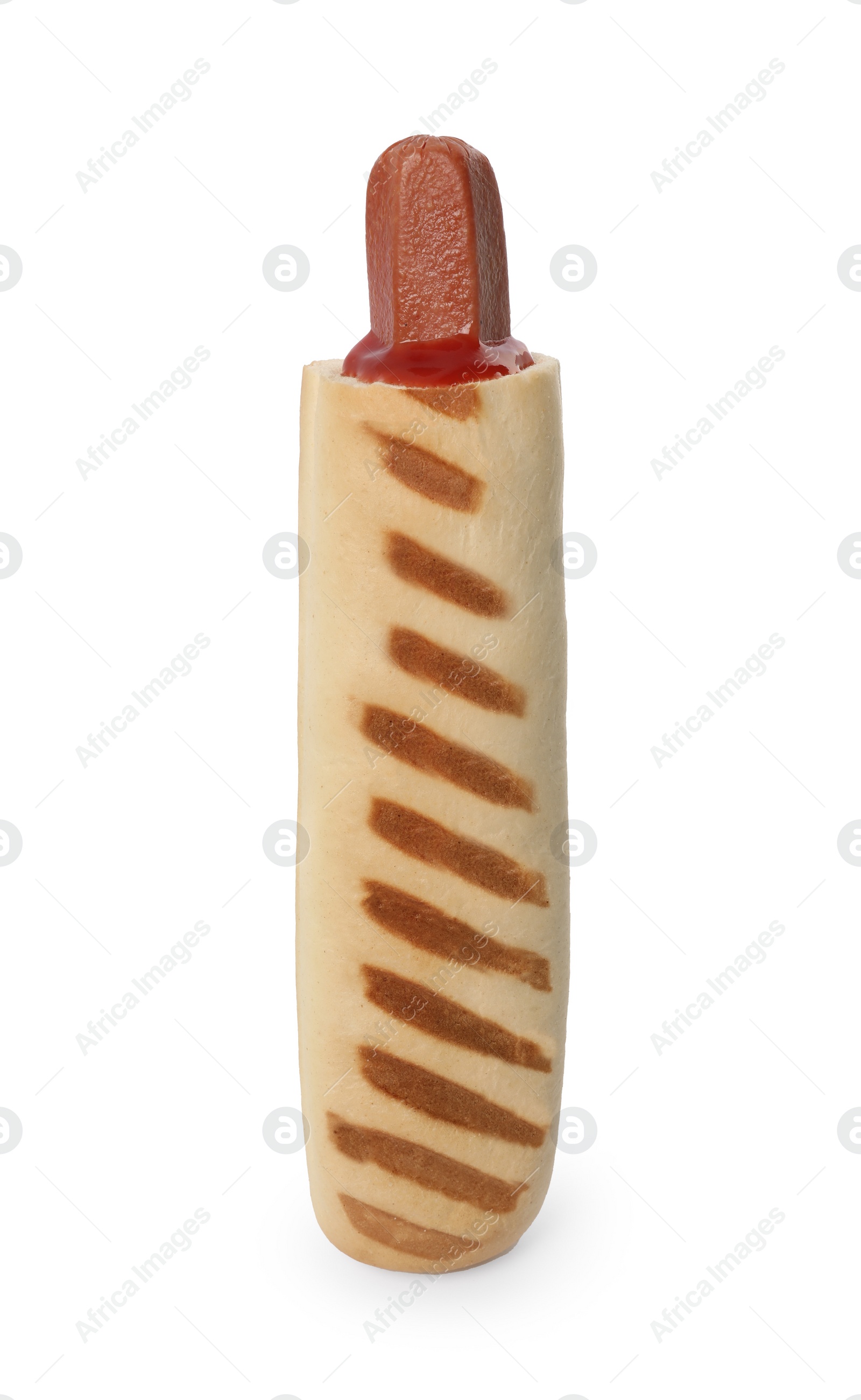 Photo of Tasty french hot dog with ketchup isolated on white