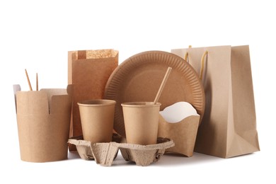 Eco friendly food packagings, tableware and paper bags isolated on white